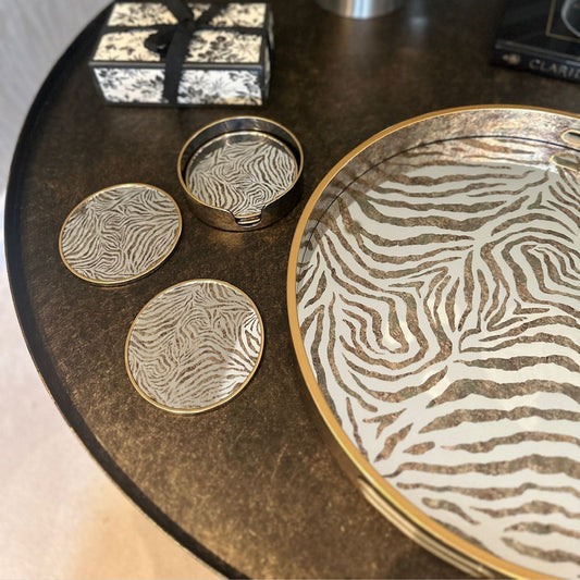 Round Zebra Print Tray and Drink Coasters Set