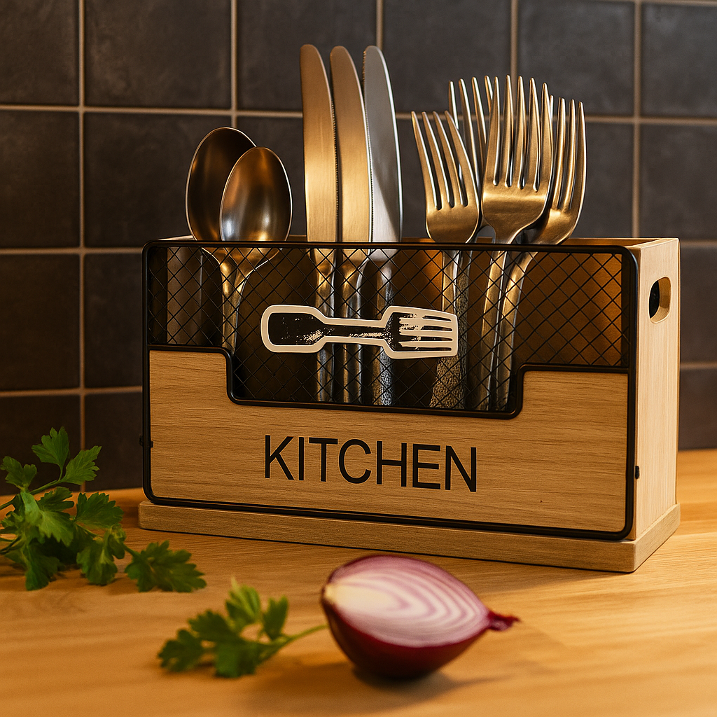 Wooden kitchen utensil holder with cutlery on a wooden surface with a tiled wall background.