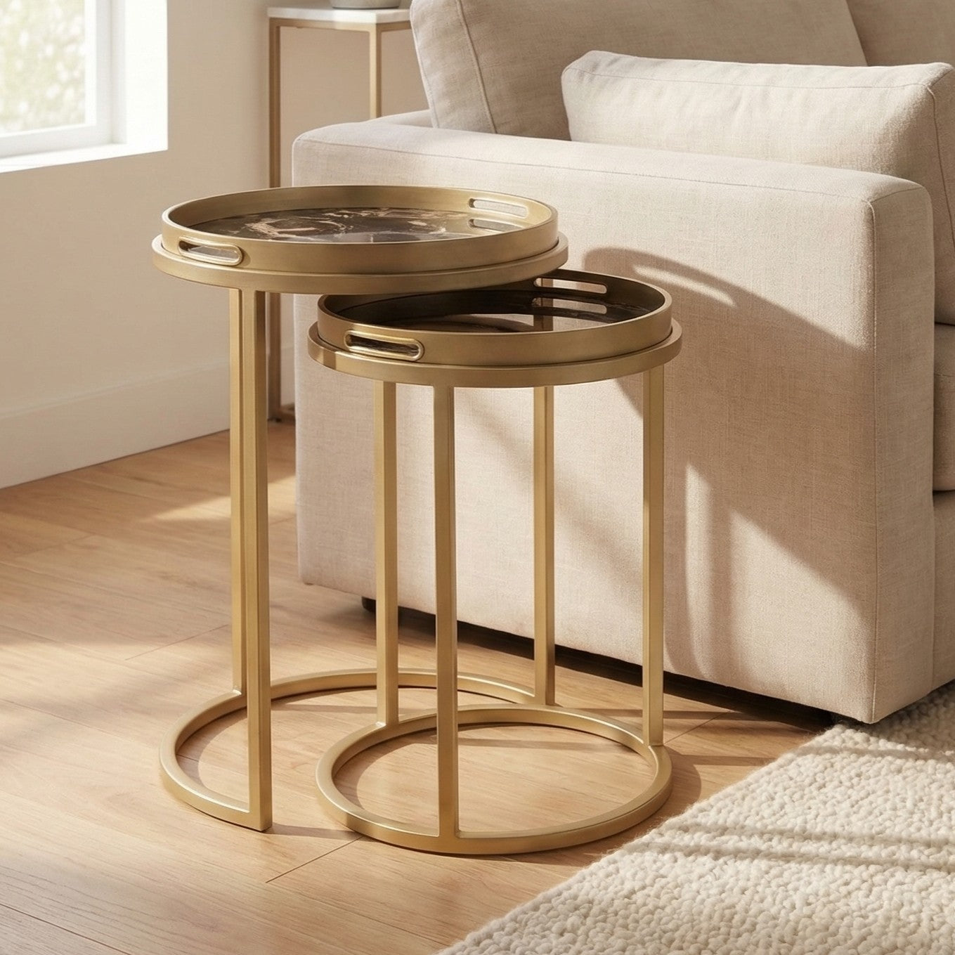 Golden Nesting Table Set with Decorative Marble Effect Glass Top
