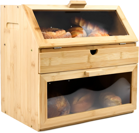 Large Bamboo 3 Compartment Bread Bin holding pastries