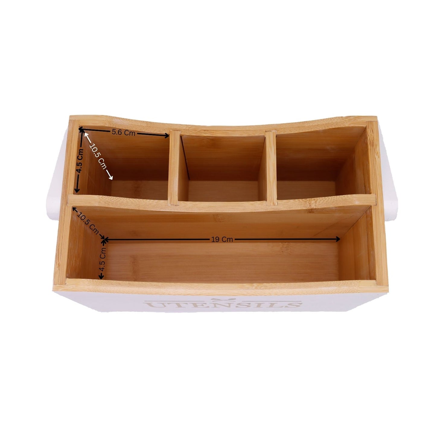 Wooden kitchen organizer with compartments and measurements on a white background