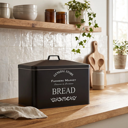 A black metal bread tin with white printed text reading 'General Store Farmers Market BREAD' sits on a wooden countertop in a bright kitchen setting.