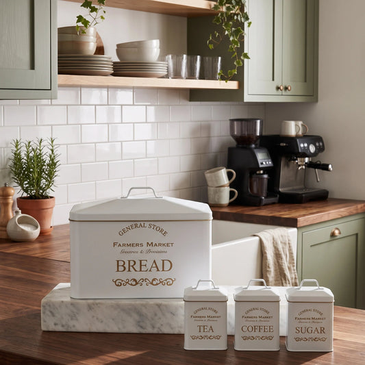 A set of white metal kitchen canisters with gold lettering, including a large bread tin and three smaller tea, coffee, and sugar tins, arranged on a marble block on a wooden kitchen counter.