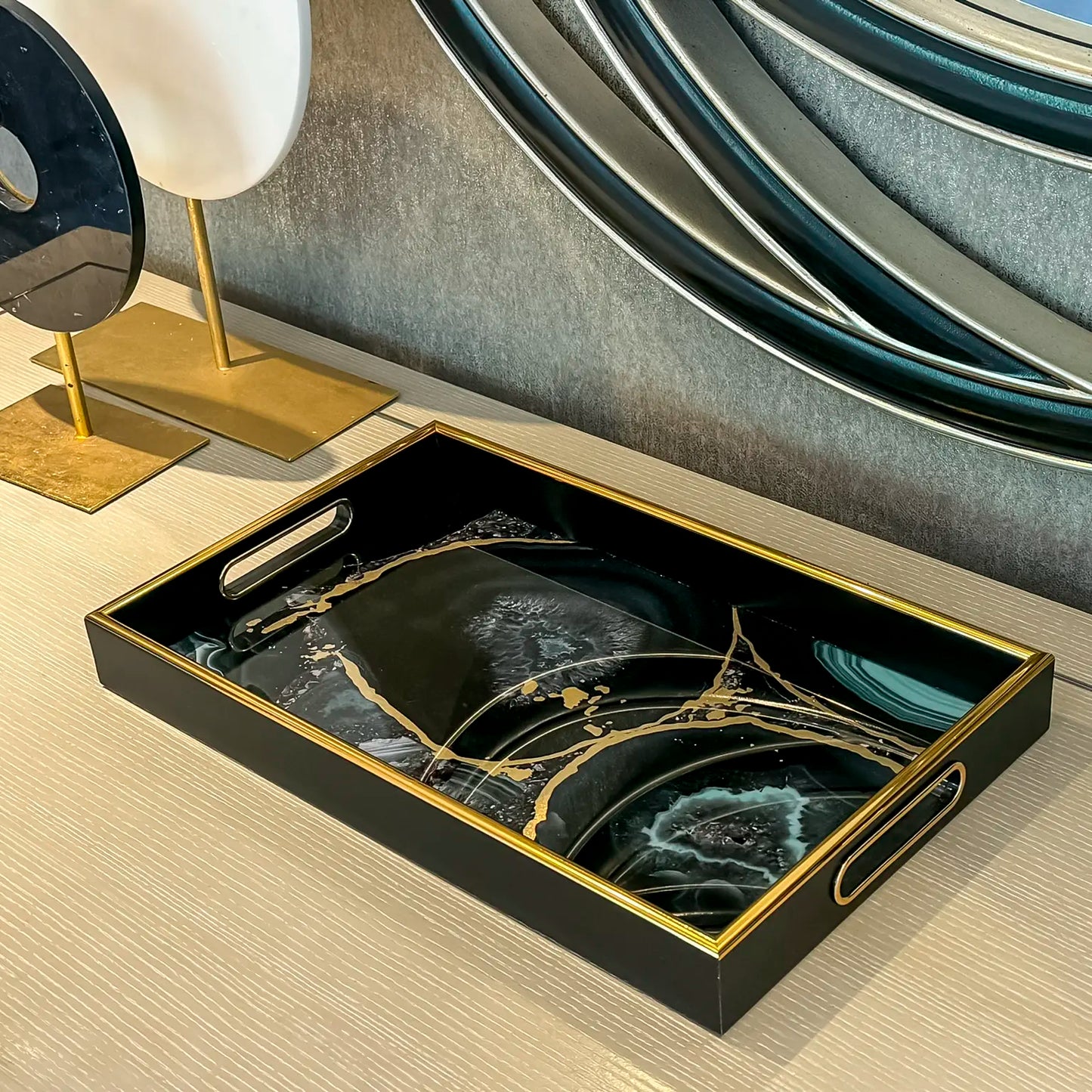 Black Rectangular Agate-Style Decorative Tray