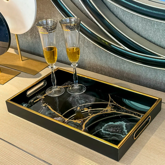 Black Rectangular Agate-Style Decorative Tray