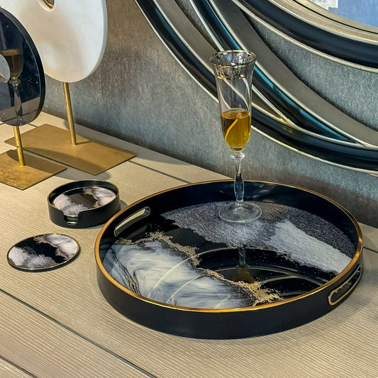Round Black Abstract Drinks & Candle Tray