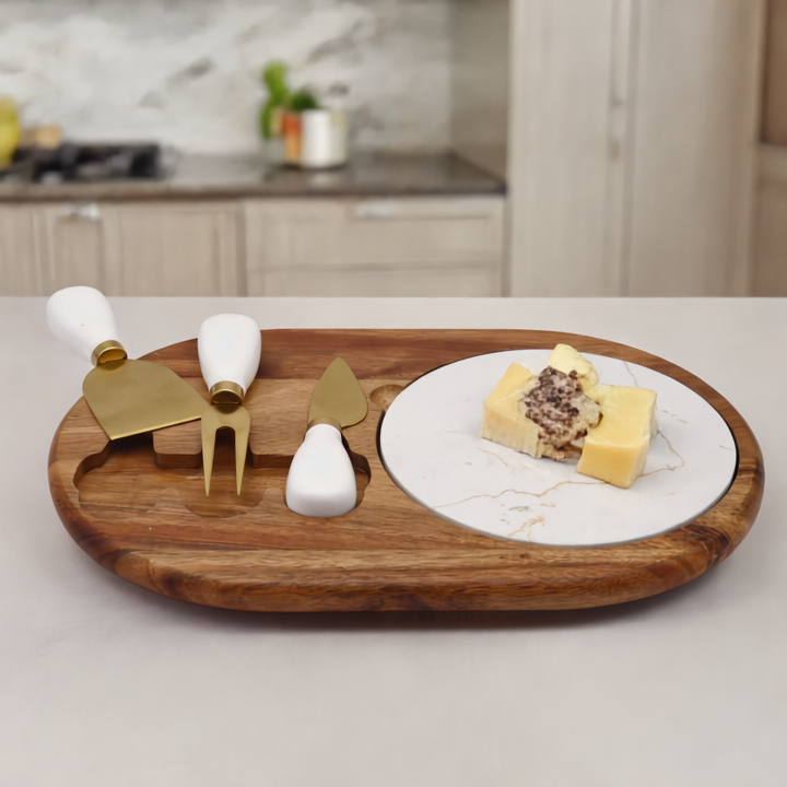 Acacia Wood & Marble Cheese Board Set