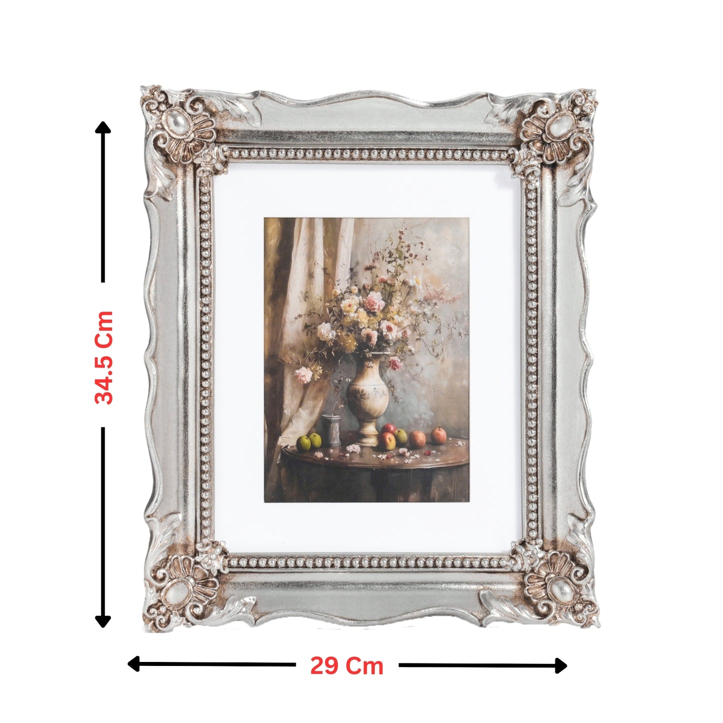 Decorative picture frame with floral artwork inside, showing dimensions on a white background.