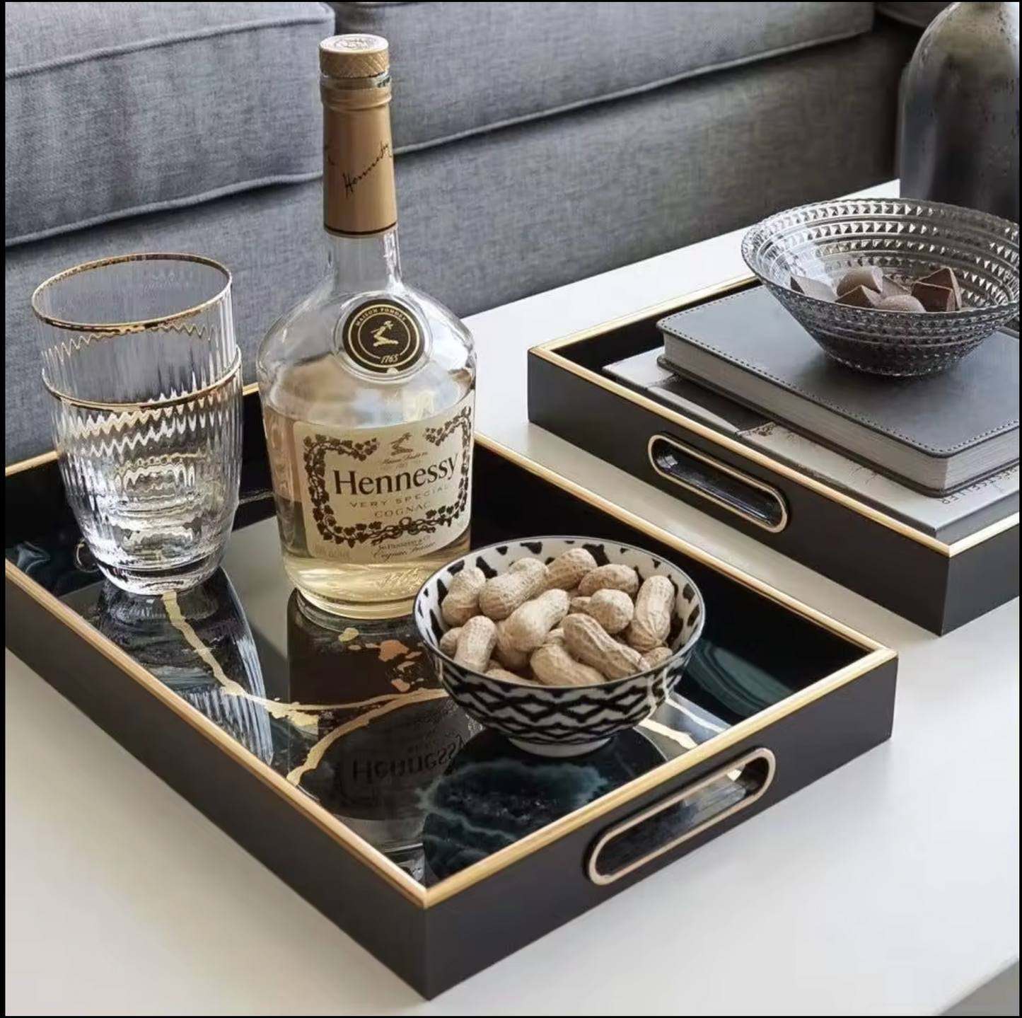 Black Rectangular Agate-Style Decorative Tray