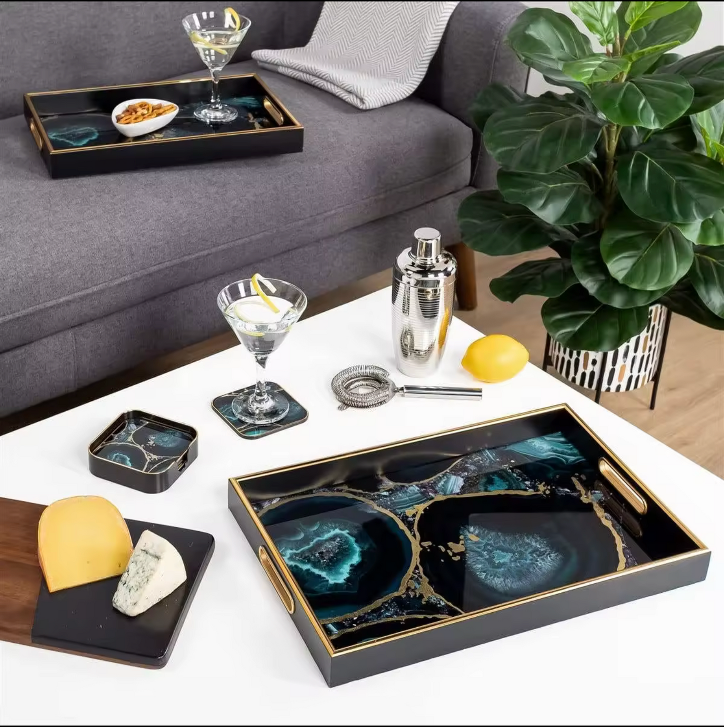 Black Rectangular Agate-Style Decorative Tray