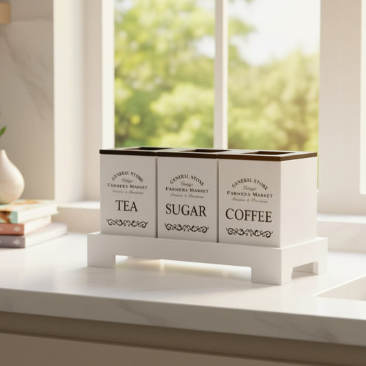 White Tea, Coffee & Sugar Canisters (Set of 3) with Stand