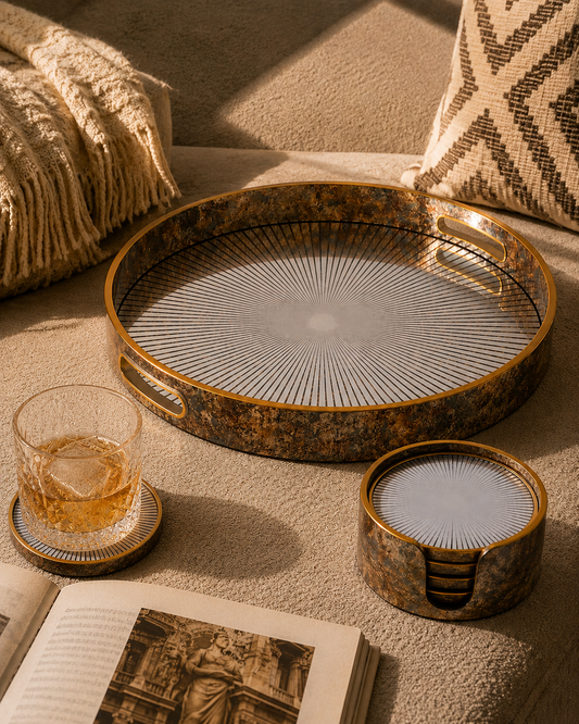 Sunburst Mirrored Serving Tray and 4-Piece Drink Coaster Set with Holder