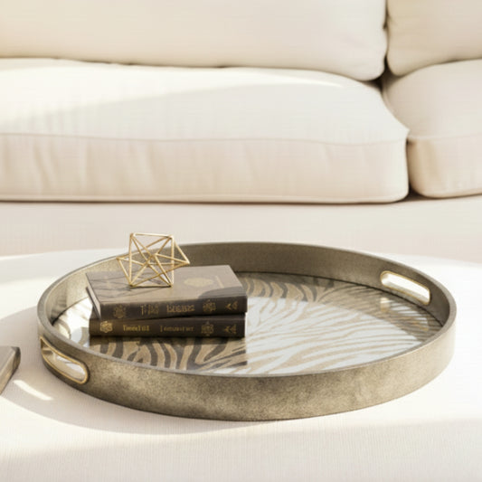 Silver Round Zebra Print Decorative Coffee Table Tray