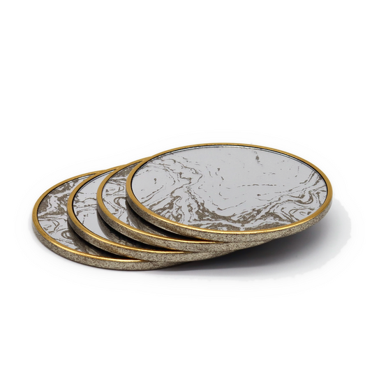 Set of 4 Modern Faux Marble Round Drink Coaster Set with Gold Trim & Holder