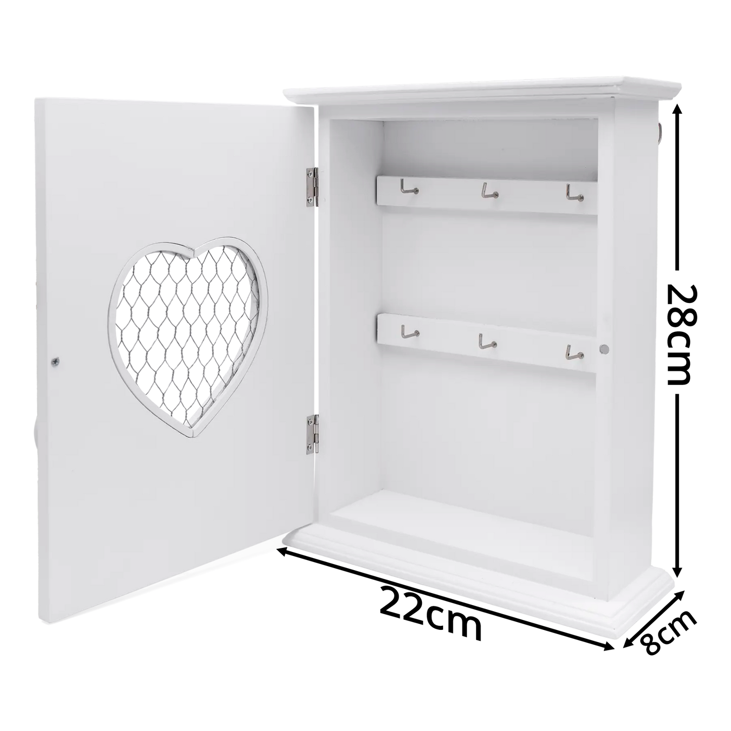 White key storage box open with 6 hooks for storing keys, with dimensions of 28cm high by 22cm length by 8cm depth