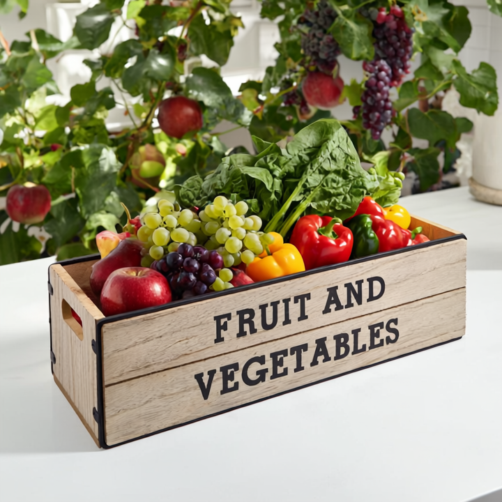 Wooden crate labeled 'Fruit and Vegetables' filled with fruits and vegetables on a white surface.