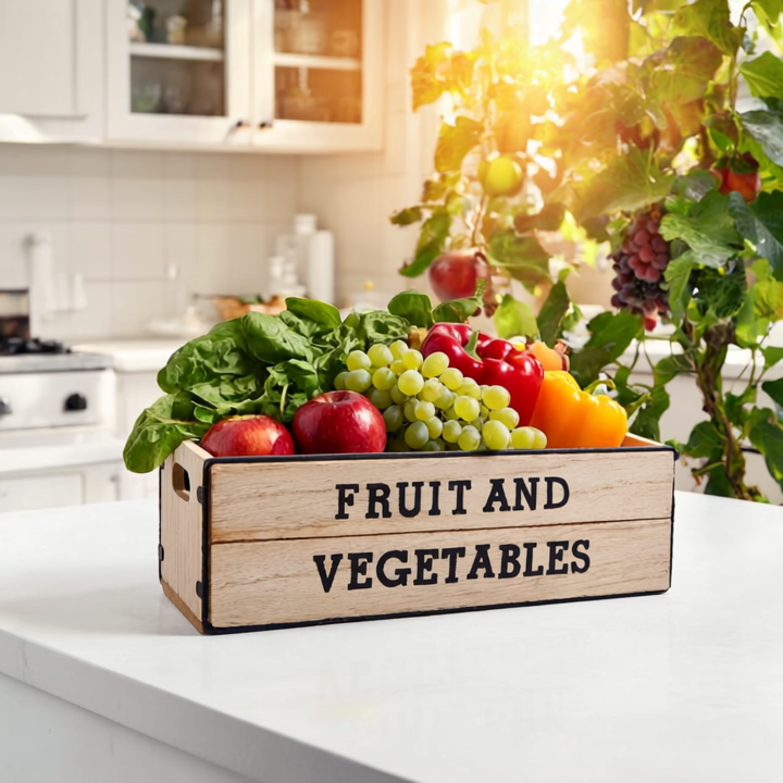Wooden crate labeled 'Fruit and Vegetables' filled with fresh produce on a kitchen counter.