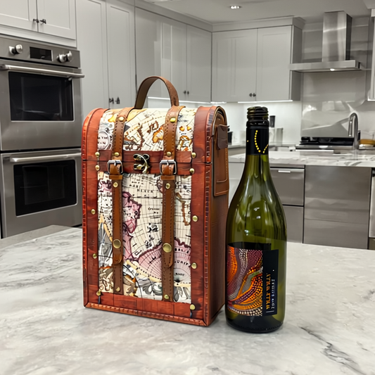 Decorative wine box with a bottle of wine on a kitchen counter