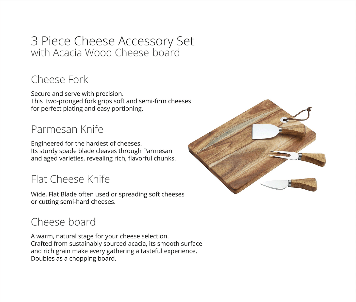 Promotional image of the acacia cheese board with three knives, alongside descriptive text for each piece.