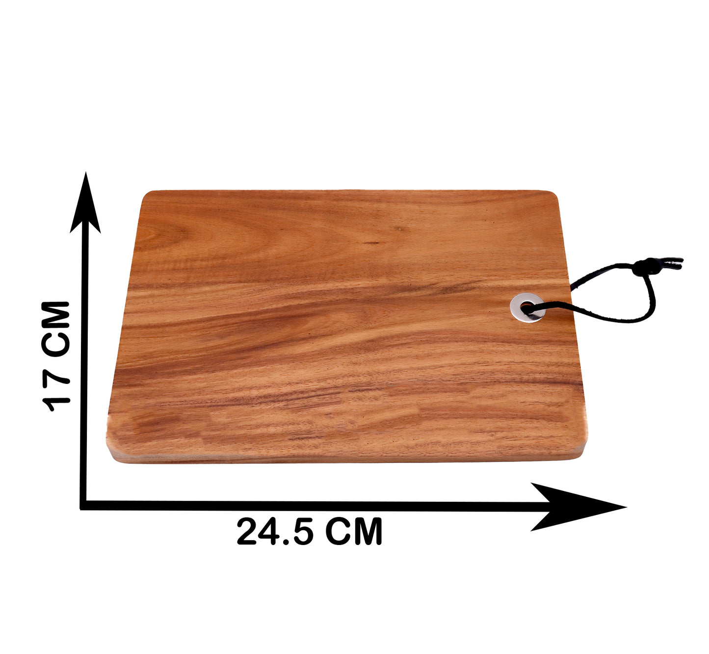 The rectangular acacia wood cheese board showing measurements of 24.5 cm in length and 17 cm in width.