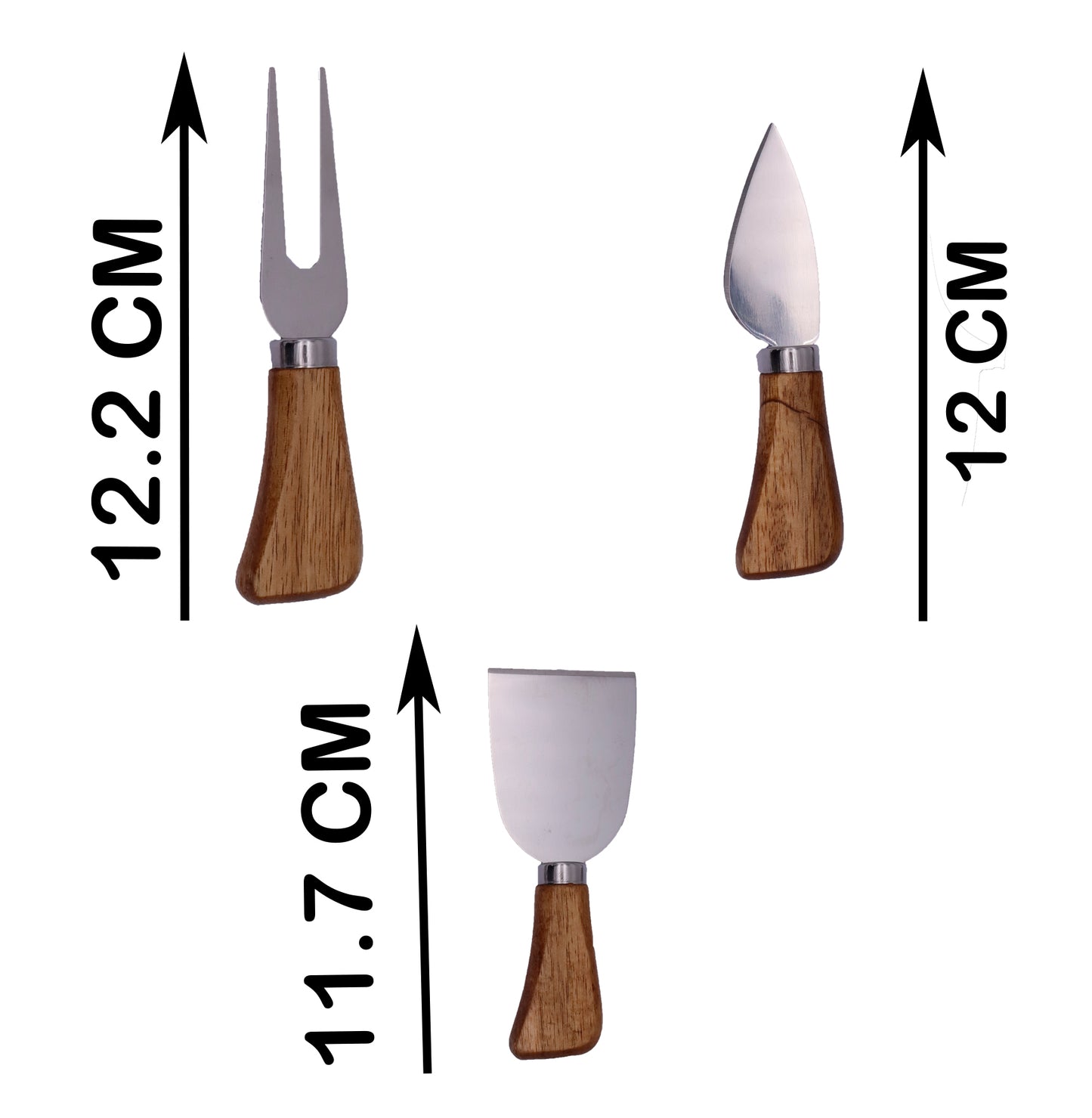 The three cheese knives with their length measurements: fork at 12.2 cm, parmesan knife at 12 cm, and flat knife at 11.7 cm.