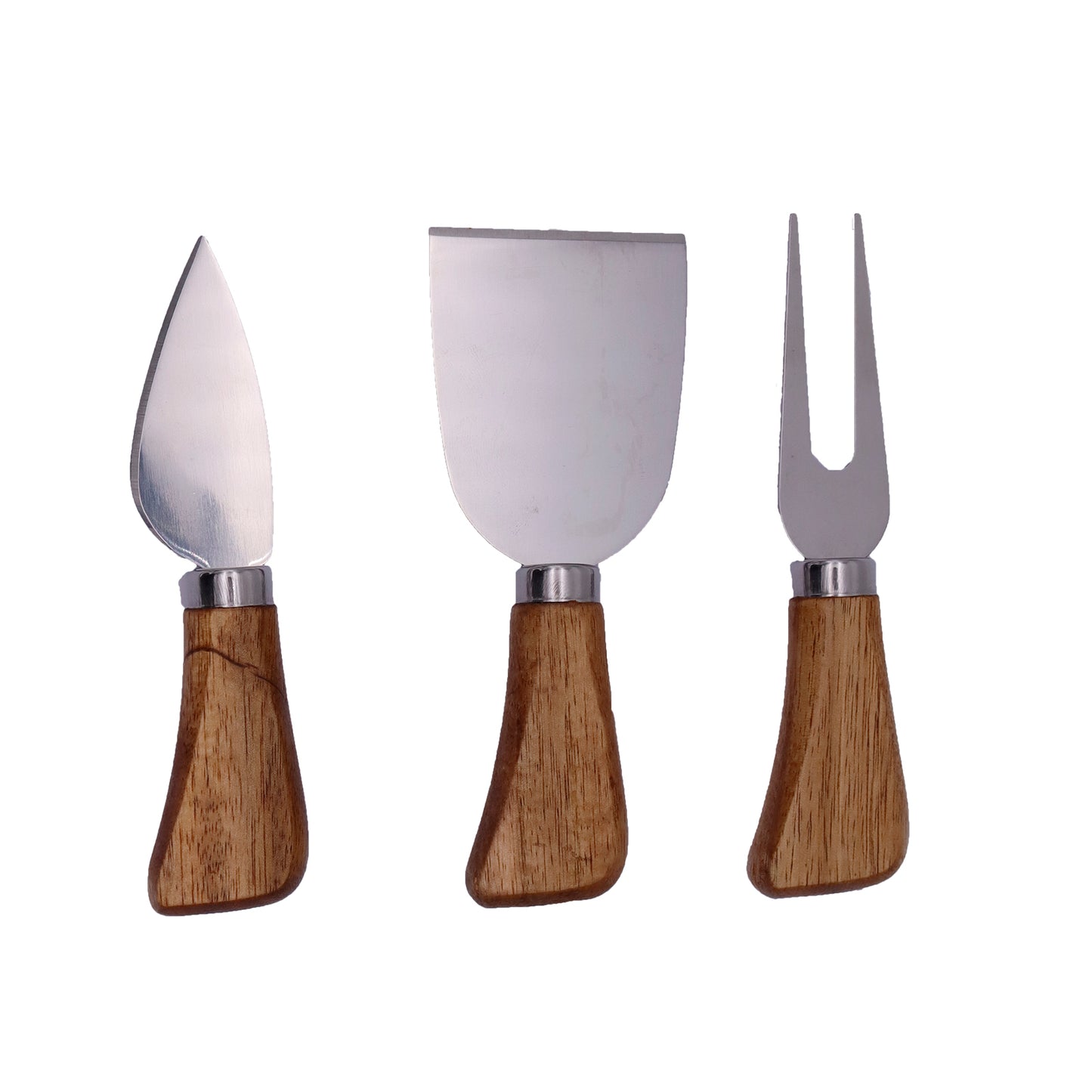 A set of three stainless steel cheese utensils with acacia wood handles: a parmesan knife, a flat cheese knife, and a serving fork.