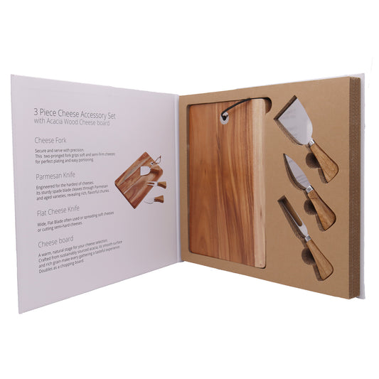 Elegant 4-piece acacia wood cheese board and knife set in its open gift box packaging.