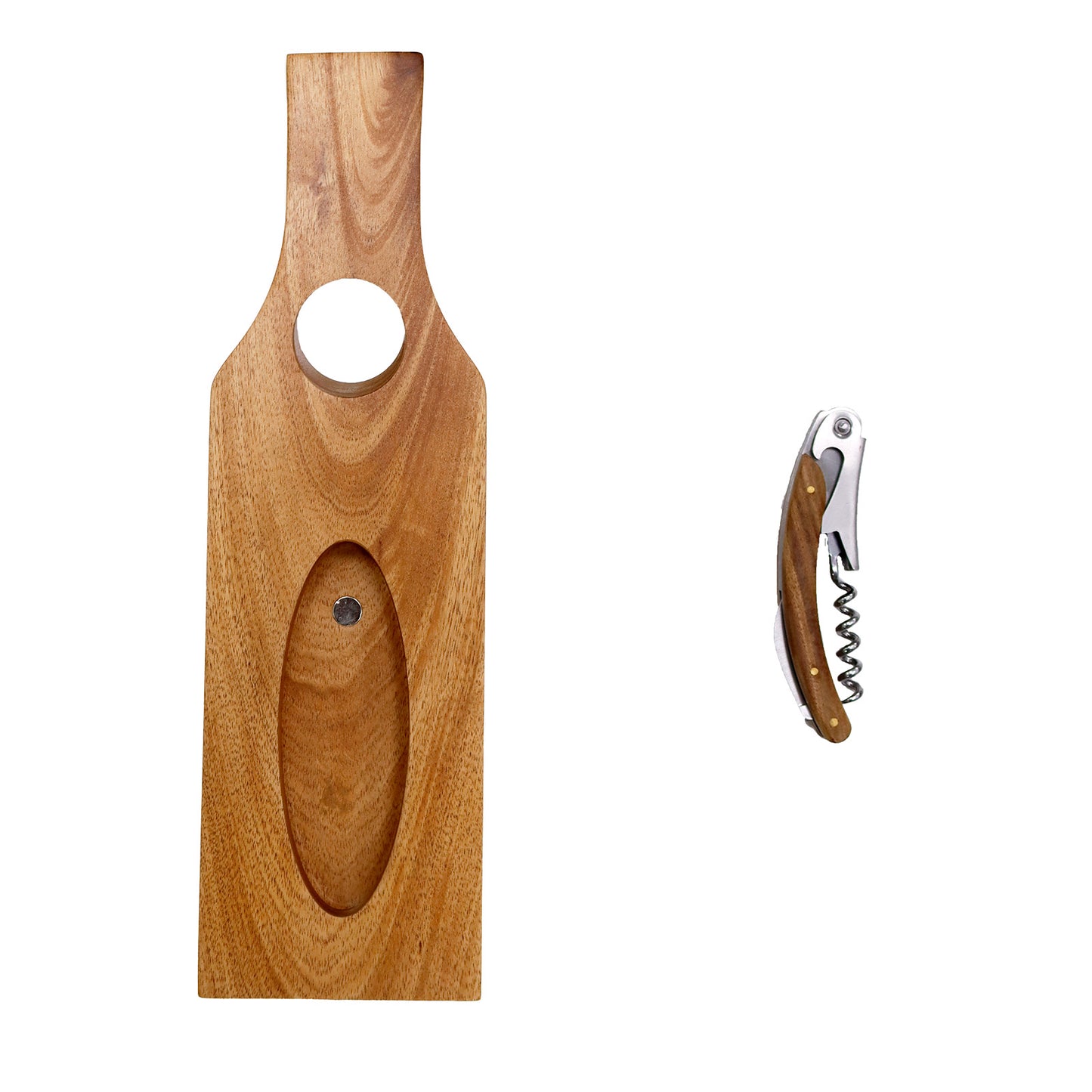 Wooden corkscrew and wooden cutting board on a white background
