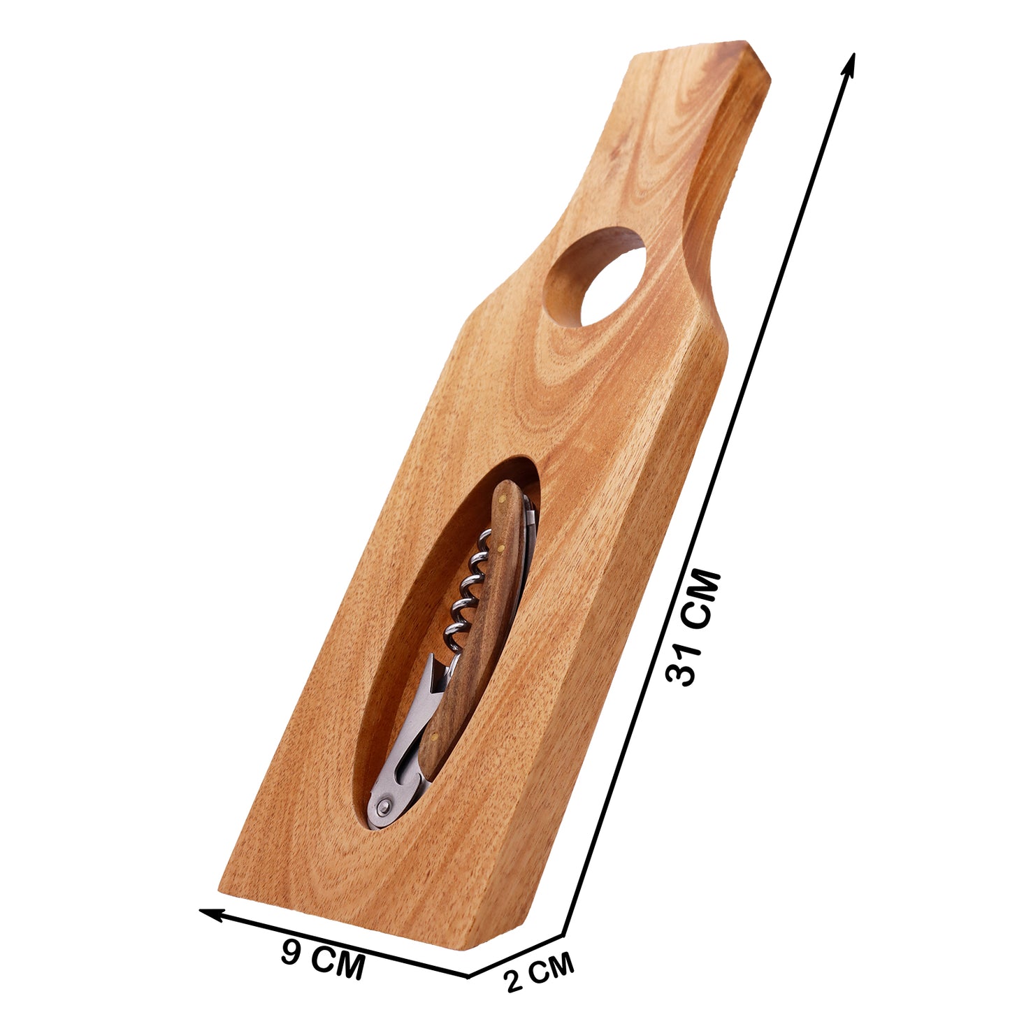 Wooden corkscrew with dimensions labeled on a white background