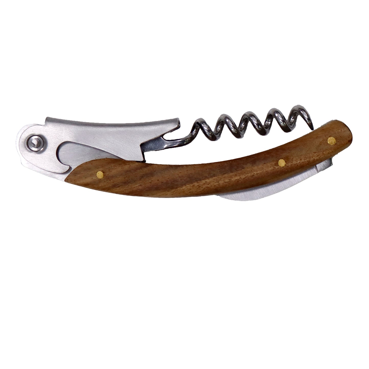 Wine opener with wooden handle and metal lever on a white background