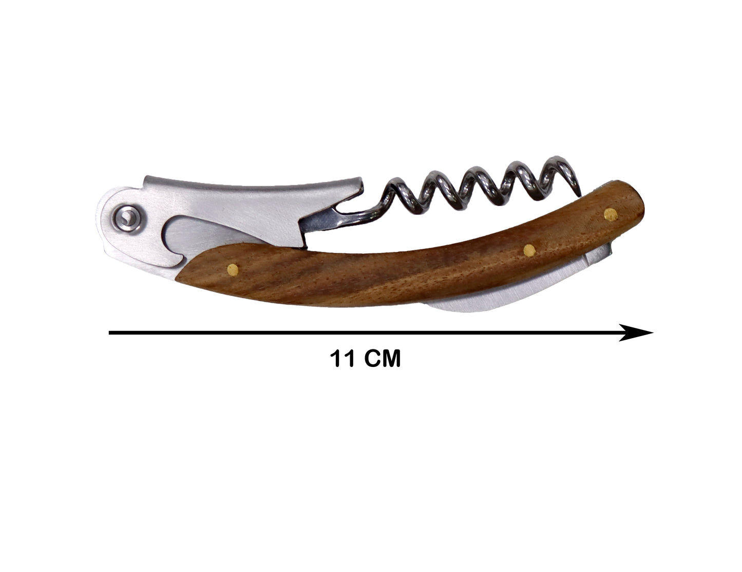 Wine opener with wooden handle and corkscrew, labeled '11 cm' on a white background.