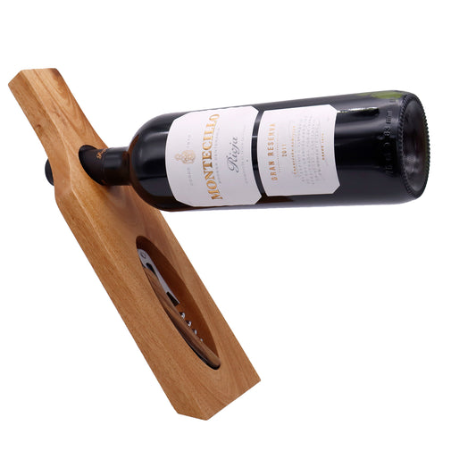 Wooden wine bottle holder with a bottle of Montecarlo wine on a white background