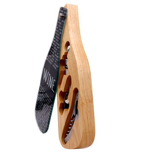 Wooden corkscrew with a clear glass bottle labeled 'WINE' on a white background
