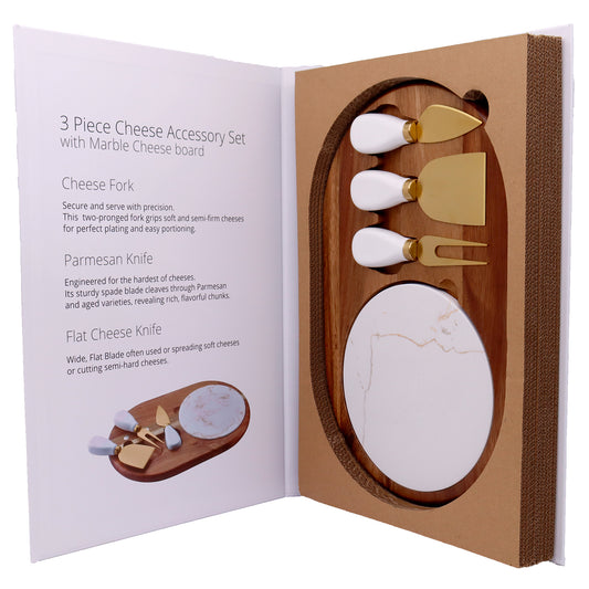 3-piece cheese accessory set with marble cheese board in packaging