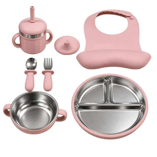Set of 7 Baby Feeding & Weaning Set with Stainless Steel Plate, Bowl, Bib, Cup & Cutlery-Pink