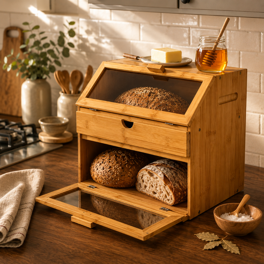 Wooden bread box with loaves of bread on a kitchen counter