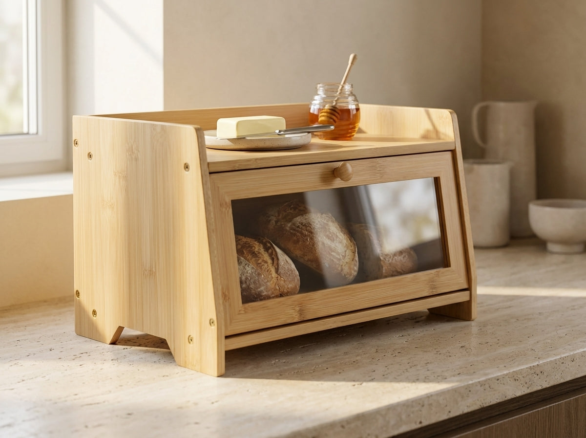 Wooden bread box with sliced bread inside on a kitchen counter.