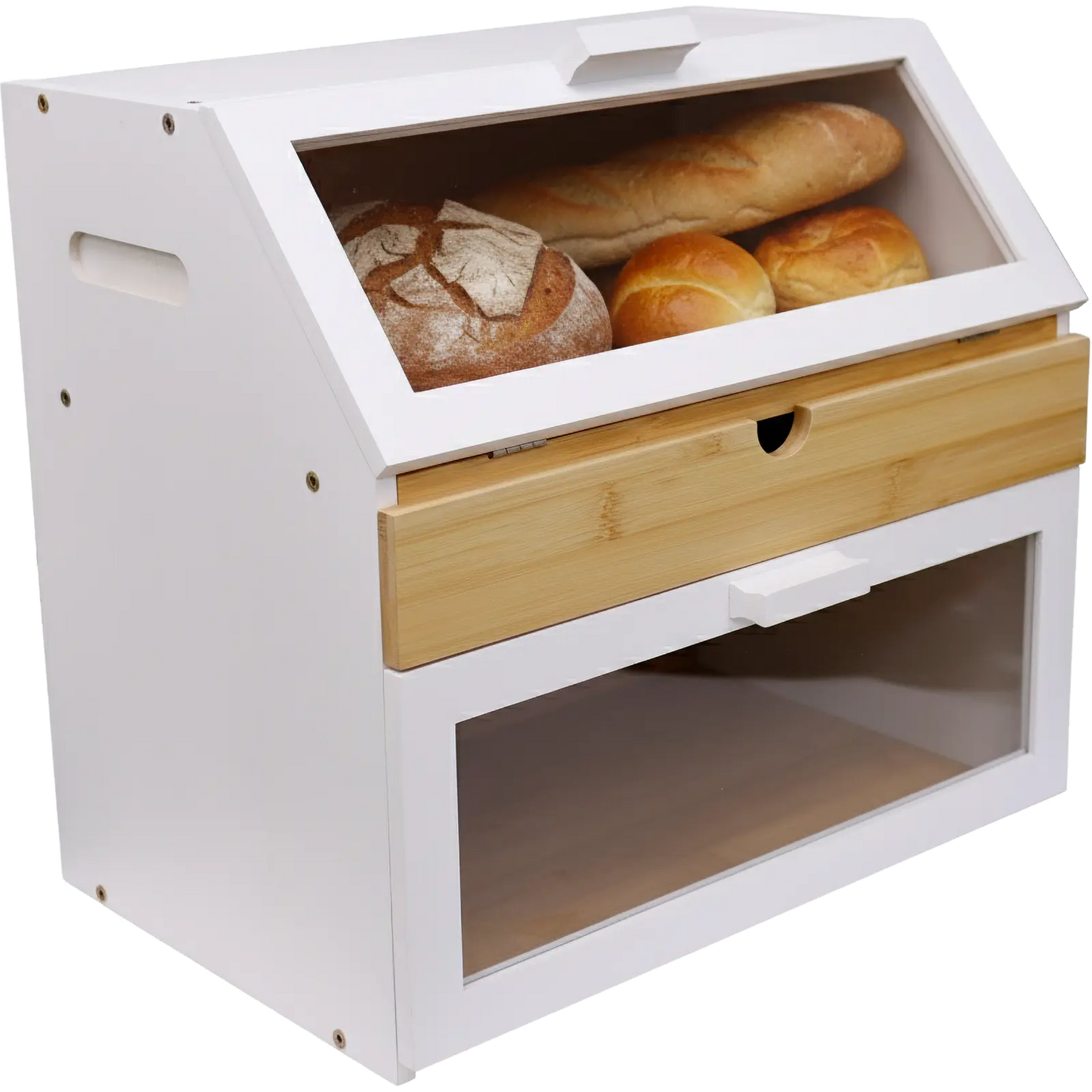 White bread box with wooden top and drawer containing loaves of bread on a white background