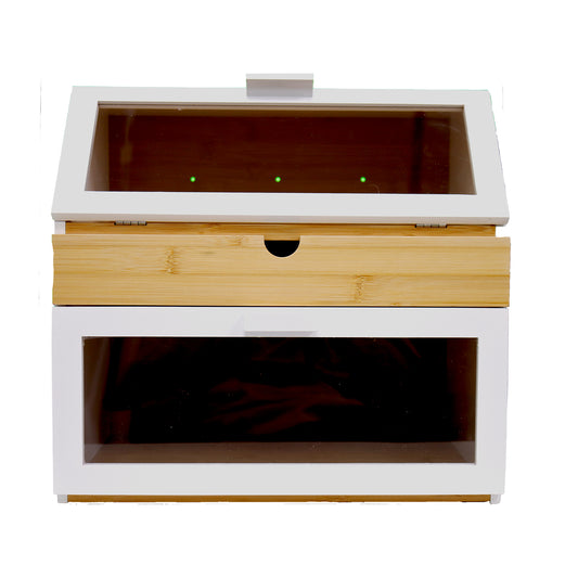 White and bamboo bread box with transparent lid on a white background