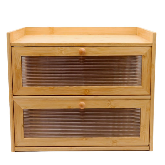 Large 2-Tier Bamboo Bread Bin with Fluted Windows