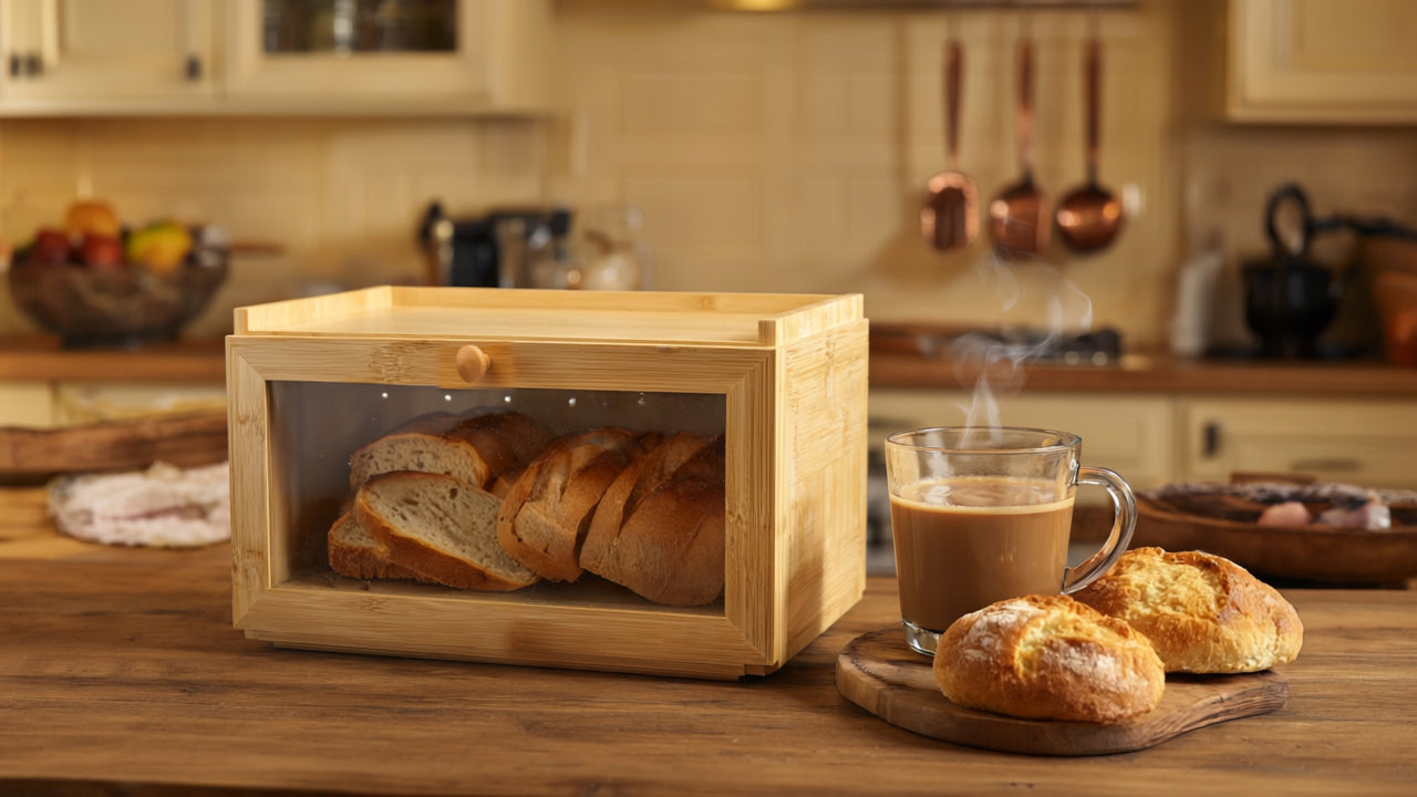 Wooden bread box with sliced bread on a kitchen counter next to a cup of coffee and pastries.