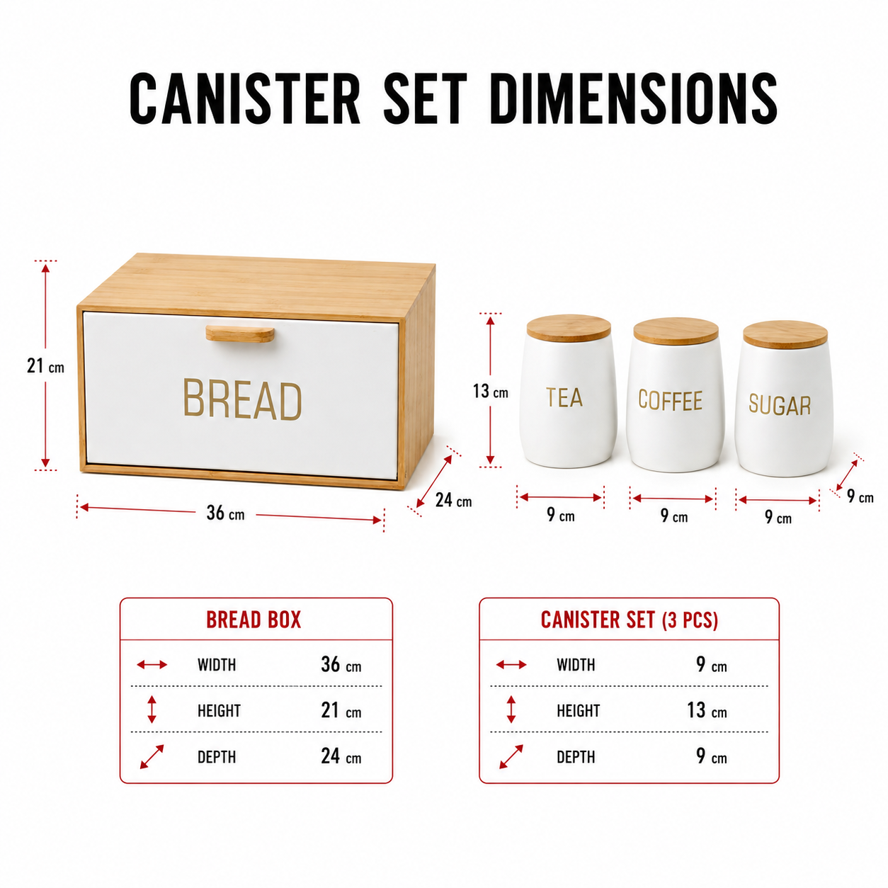 Natural Bamboo Bread Box with Matte White Tea, Coffee & Sugar Canisters