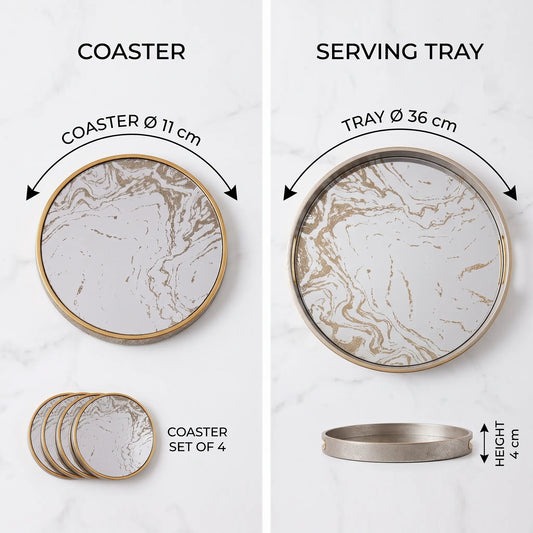 A product infographic showing a marble-patterned coaster and serving tray set on a white marble background. The left side labels the round coaster as 11 cm in diameter with a gold-toned rim and shows a set of four coasters.
