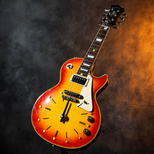 Electric guitar clock with a sunburst finish on a dark background