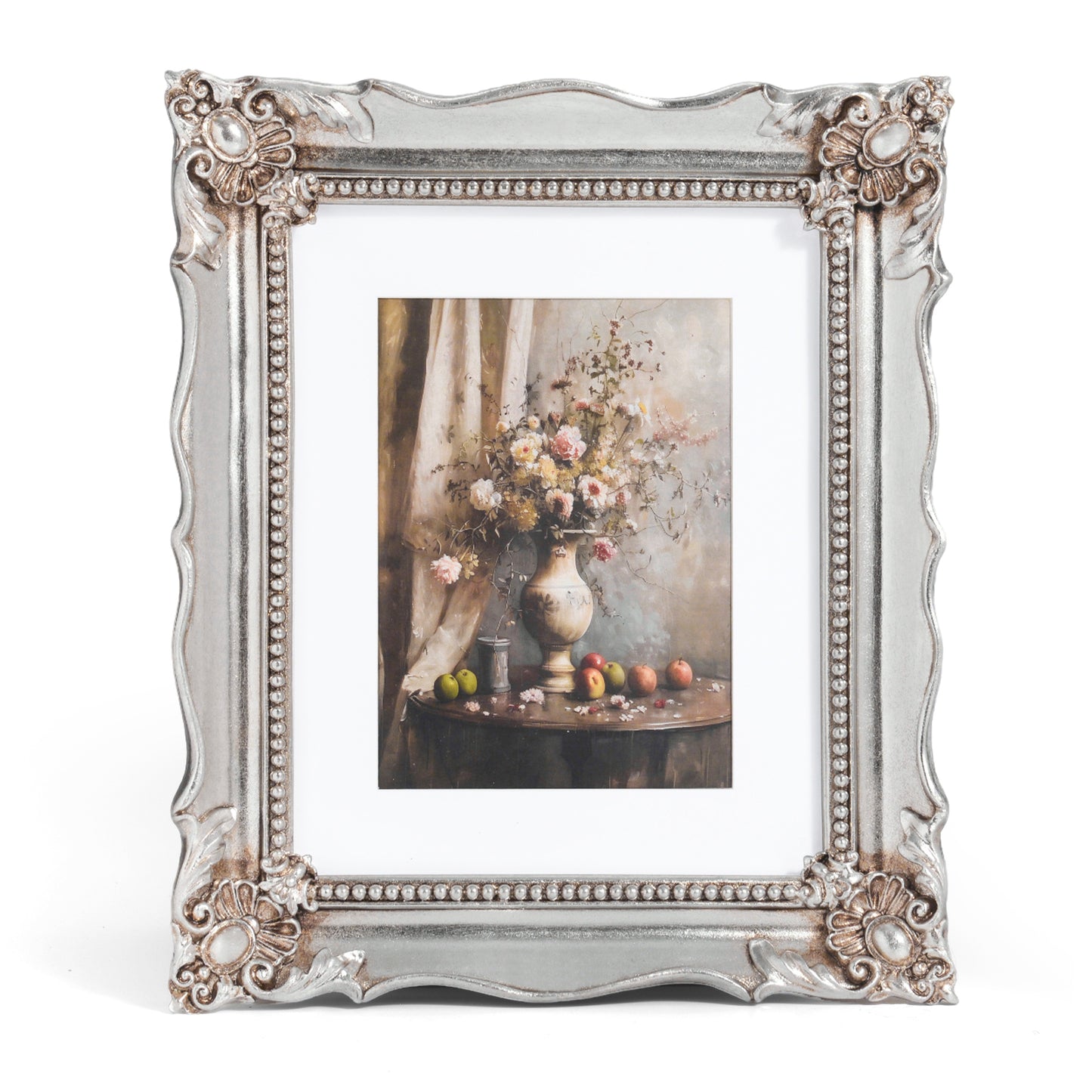 Decorative silver frame with a floral still life painting inside