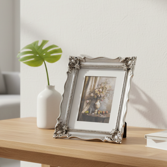 Decorative silver frame with a photo on a wooden surface next to a white vase with a plant.