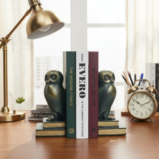 Green Bird Owl Rustic Bookend Set Retro Home Office Adult Kids