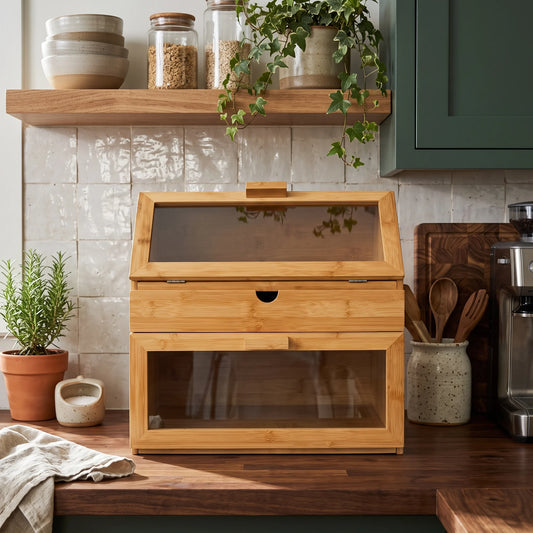 A bamboo kitchen organizer with a top glass-front drawer and a lower glass-front storage bin, styled on a wooden countertop in a kitchen setting.