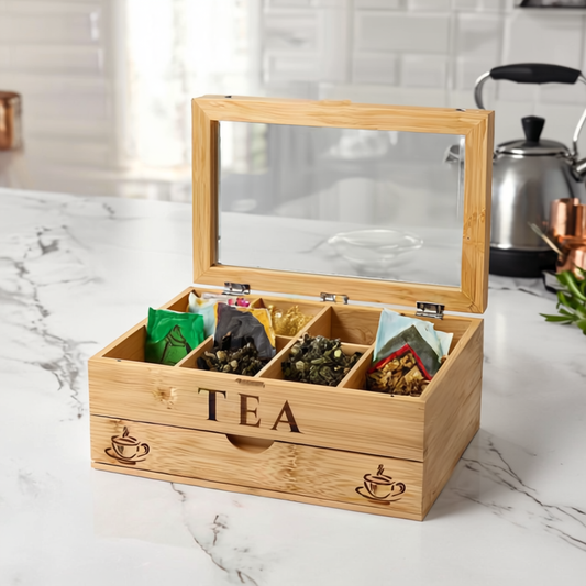 Wooden tea box with compartments on a marble countertop