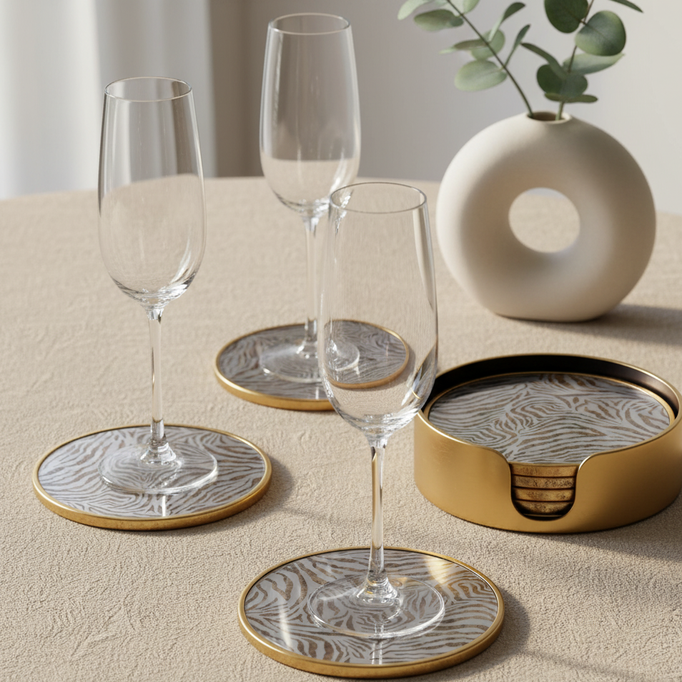 Set of 4 Zebra Print Round Drink Coasters with Holder